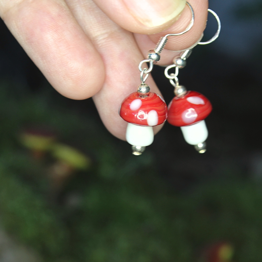 Glass Mushroom Earrings (Silver)