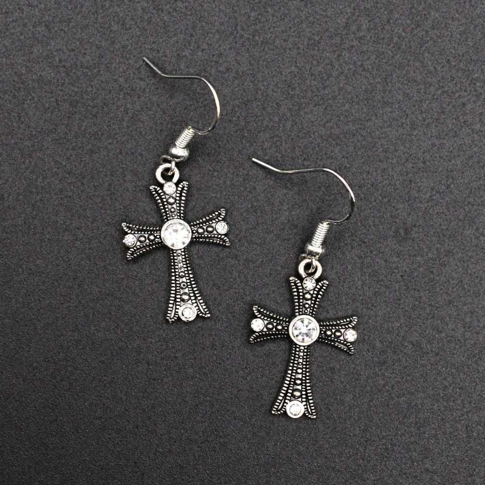 Cross Charm Earrings with Rhinestones