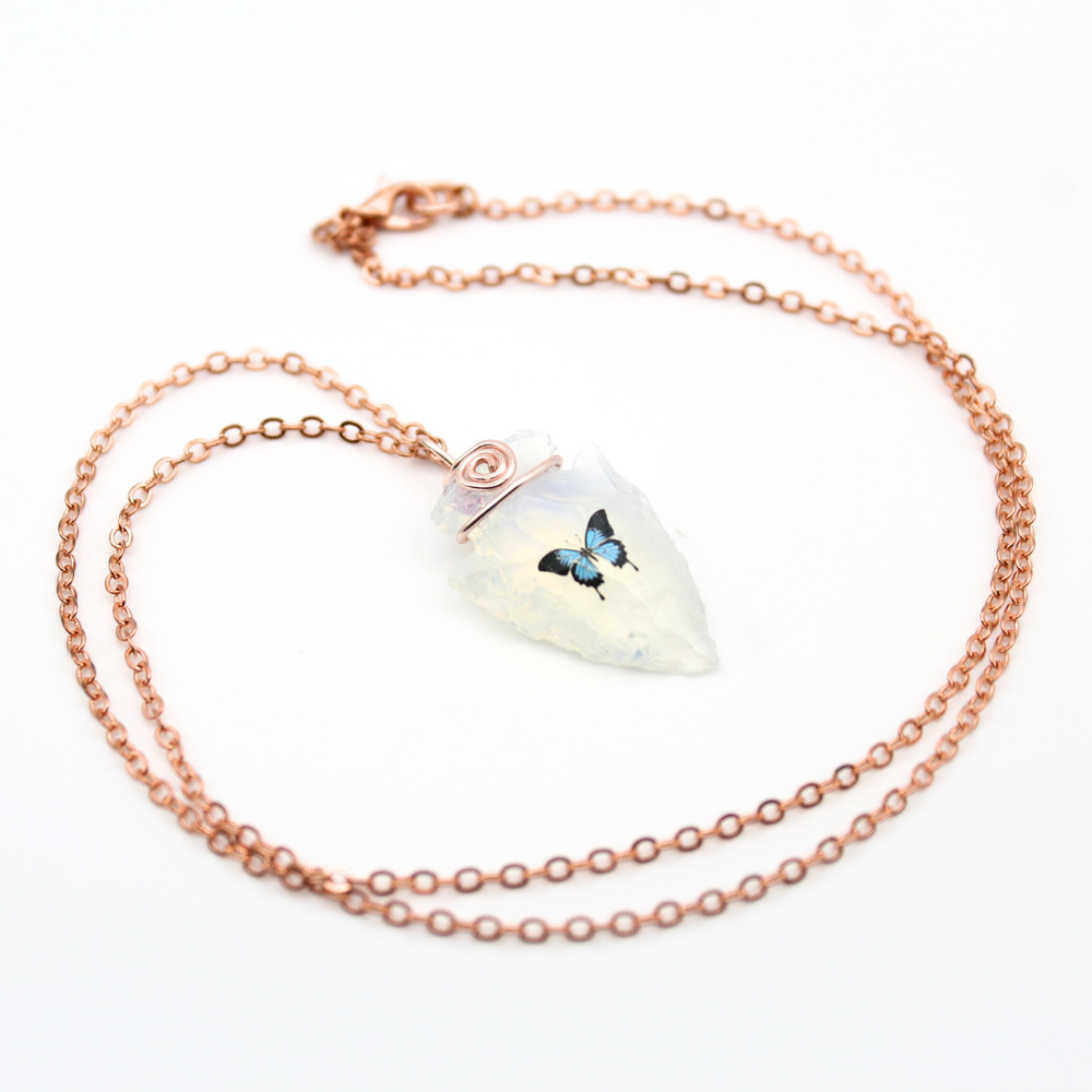 Blue Butterfly Necklace on Opalite Arrowhead