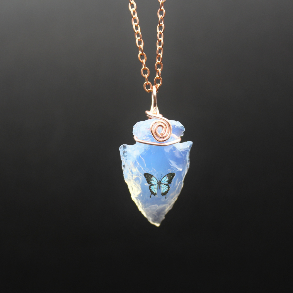 Blue Butterfly Necklace on Opalite Arrowhead