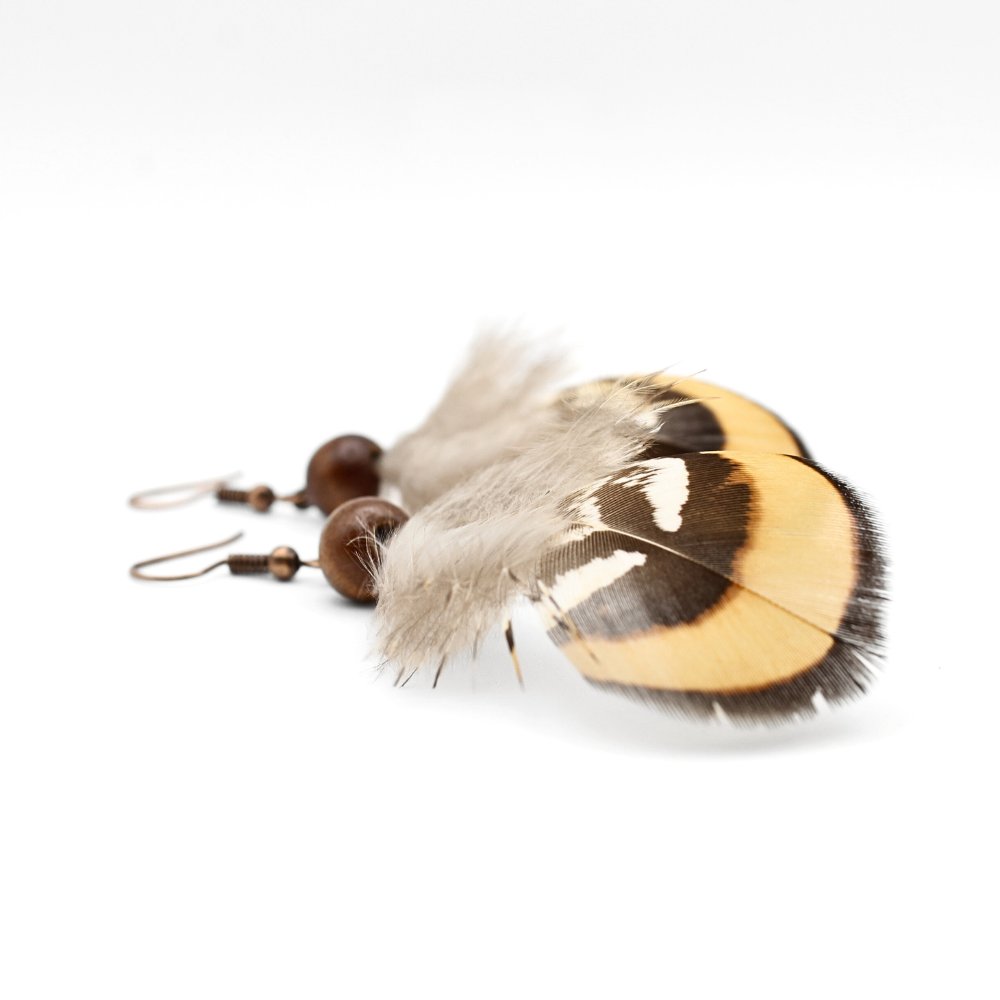 Feather Earrings with Wood Bead