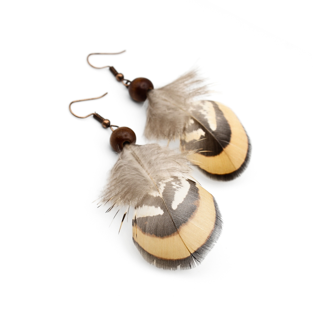 Feather Earrings with Wood Bead