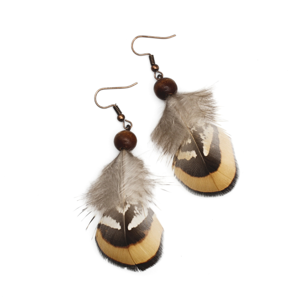 Feather Earrings with Wood Bead