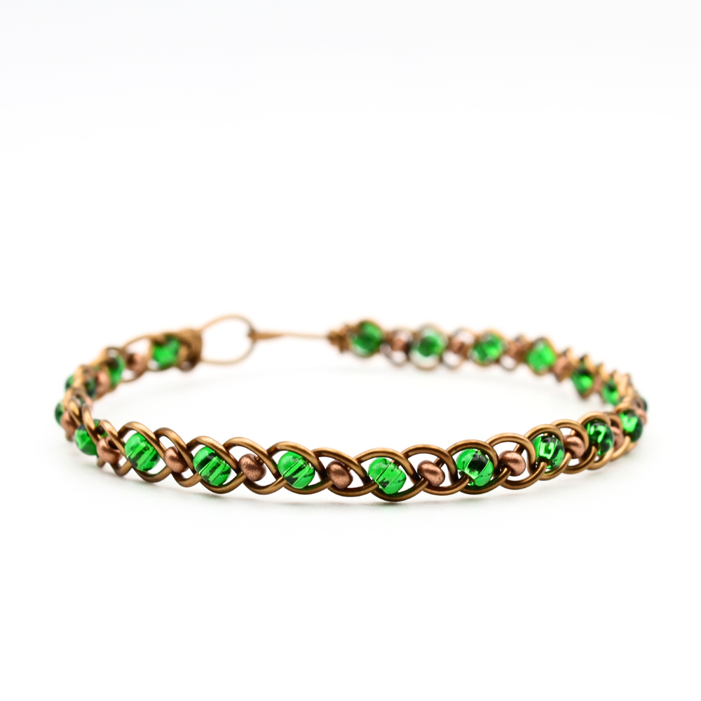 Green Glass Copper Bangle Bracelet (with Clasp)