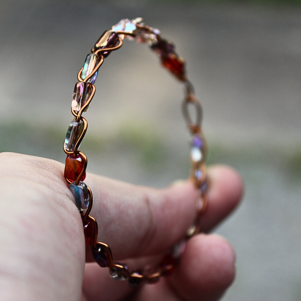 Copper & Glass Bead Bangle Bracelet (w/ Clasp)