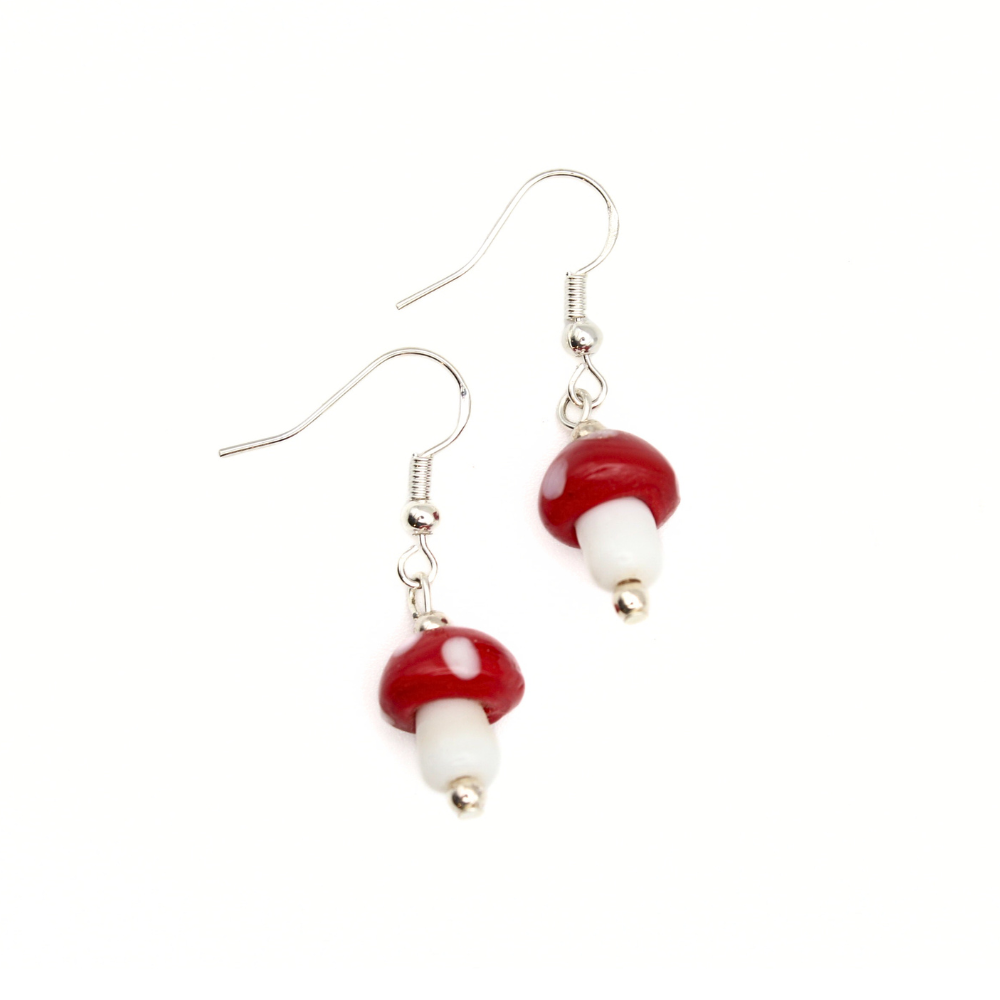 Glass Mushroom Earrings (Silver)