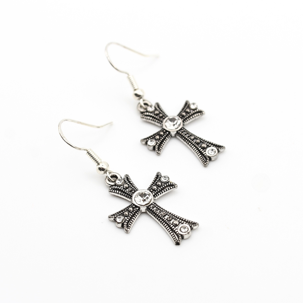 Cross Charm Earrings with Rhinestones