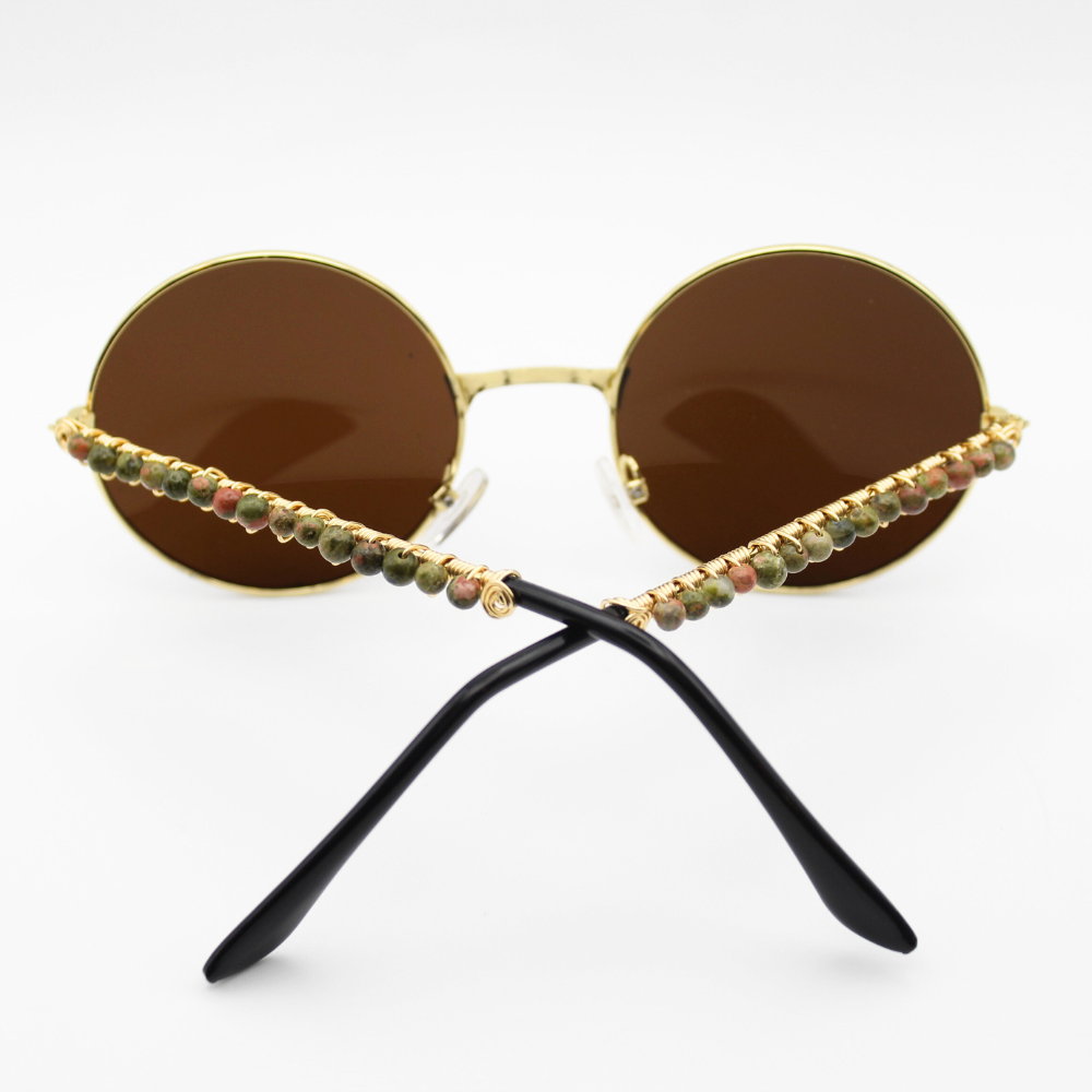 Brown Round Sunglasses with Unakite Gemstones