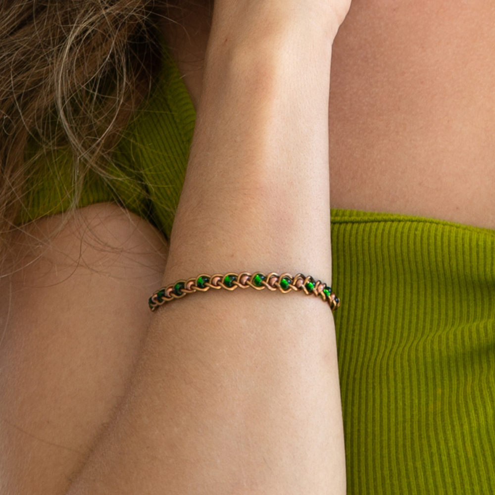 Green Glass Copper Bangle Bracelet (with Clasp)