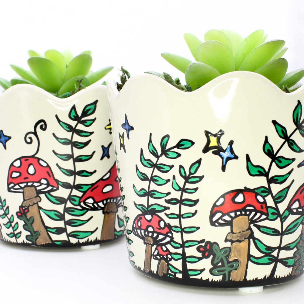 Mushroom Flower Pot (w/ Faux Succulent)