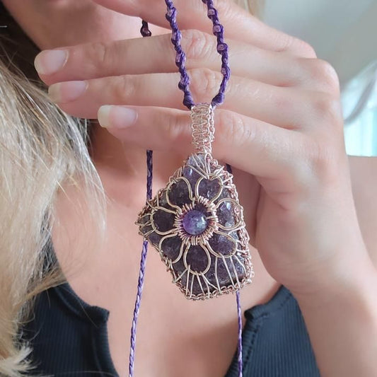 Amethyst Druzy Necklace with Flower Art