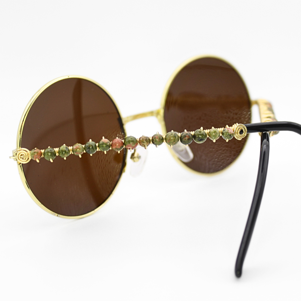 Brown Round Sunglasses with Unakite Gemstones