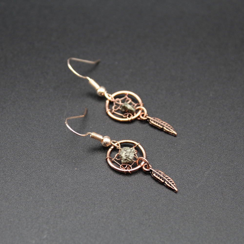 Dream Catcher Earrings with Pyrite (Rose Gold)