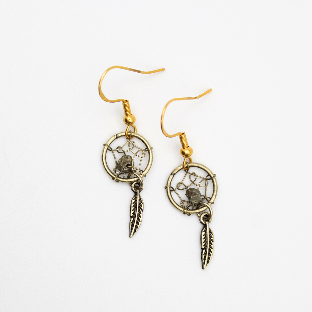Dream Catcher Earrings with Pyrite (Gold)