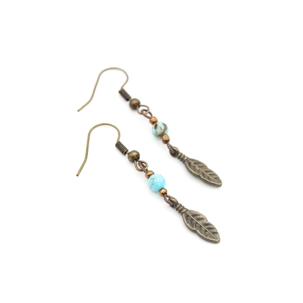 Feather Earrings with Turquoise (Bronze)