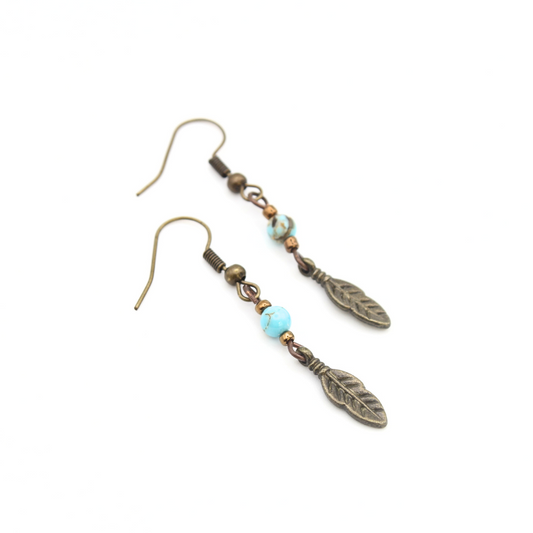Feather Earrings with Turquoise (Bronze)