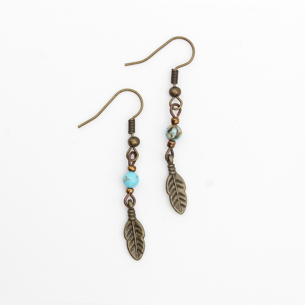 Feather Earrings with Turquoise (Bronze)