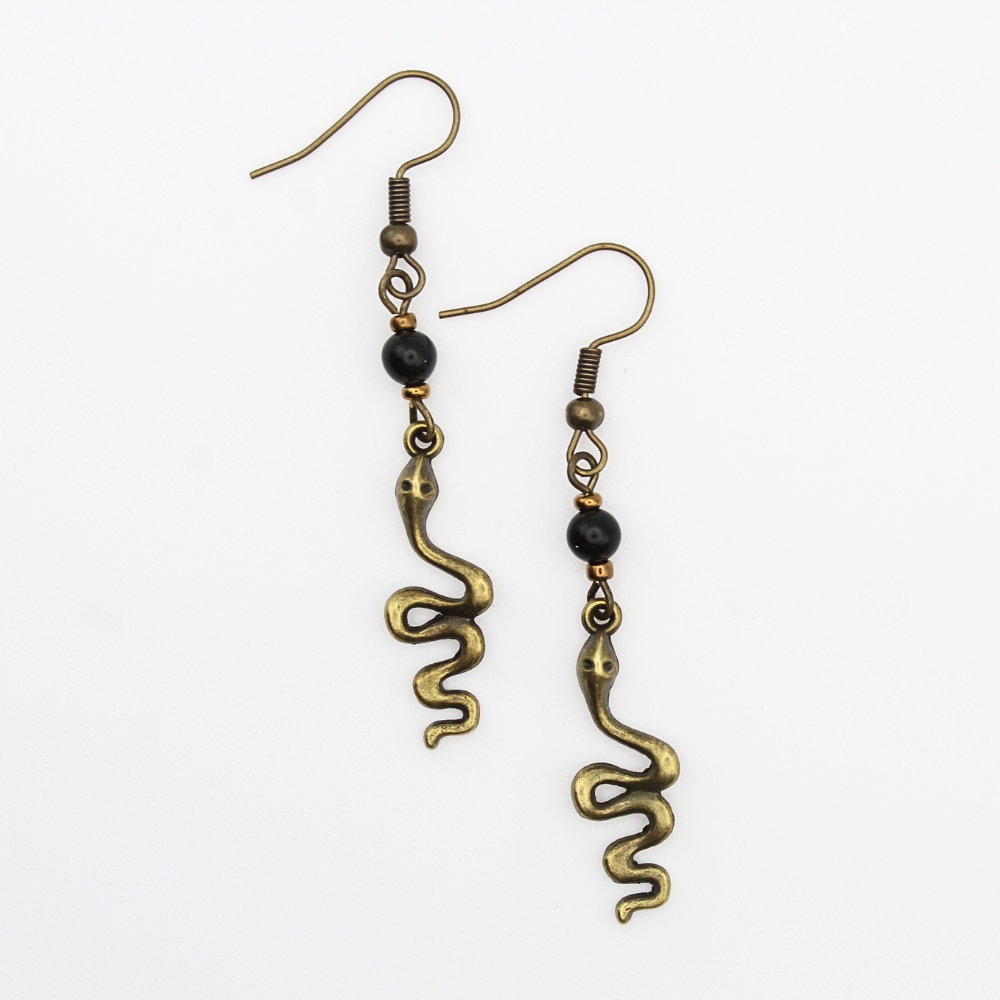 Obsidian Earrings w/ Snake Charm