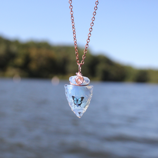 Blue Butterfly Necklace on Opalite Arrowhead