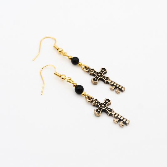 Key Cross Earrings w/ Black Obsidian