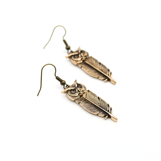 Owl Feather Earrings (Bronze)