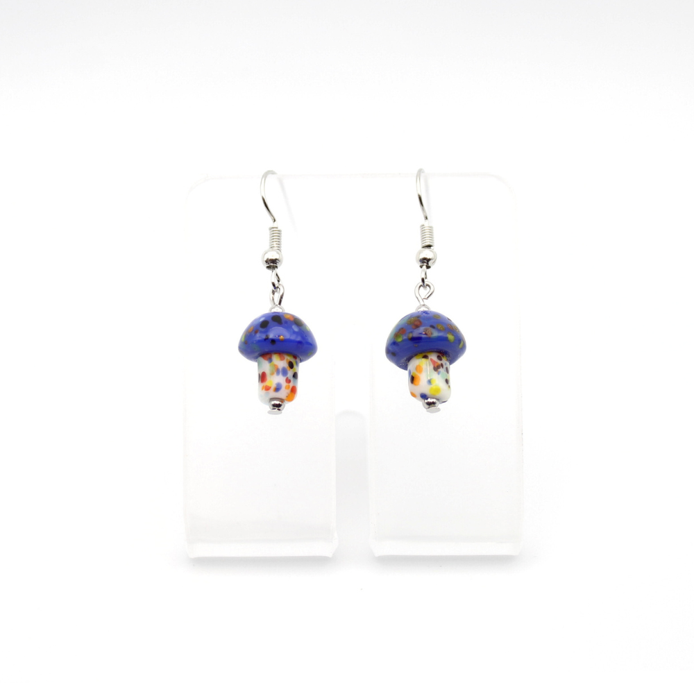 Mushroom Earrings with Painted Glass (Silver)