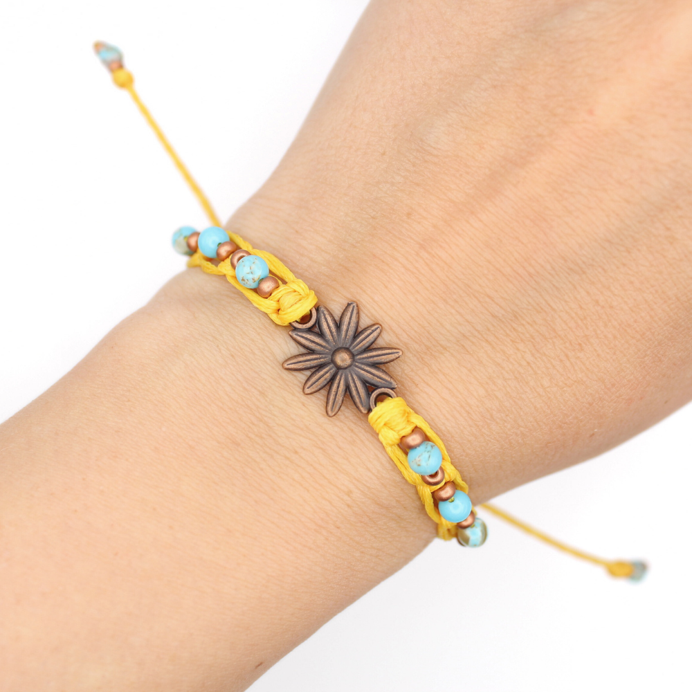 Daisy Charm Bracelet with Turquoise & Copper (Adjustable)