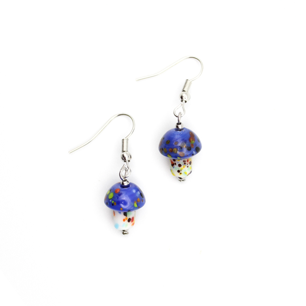 Mushroom Earrings with Painted Glass (Silver)