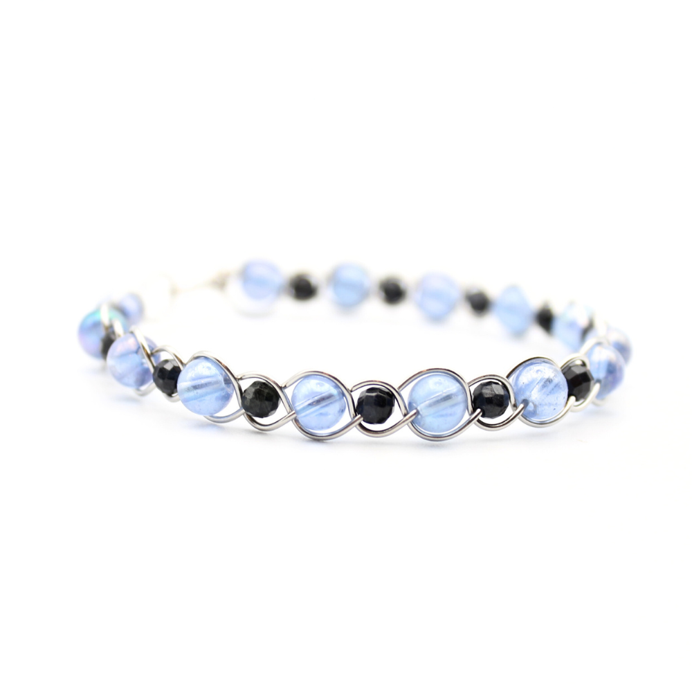 Blue Glass + Sapphire Bangle Bracelet (with Clasp) (Silver)