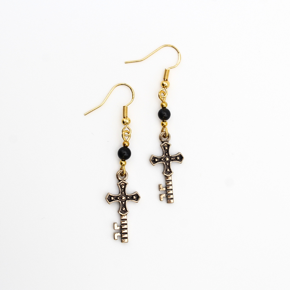Key Cross Earrings w/ Black Obsidian