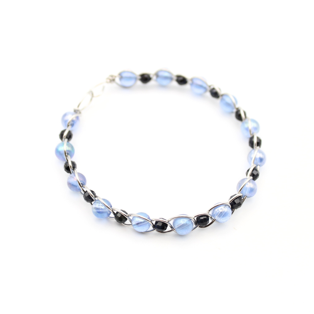 Blue Glass + Sapphire Bangle Bracelet (with Clasp) (Silver)