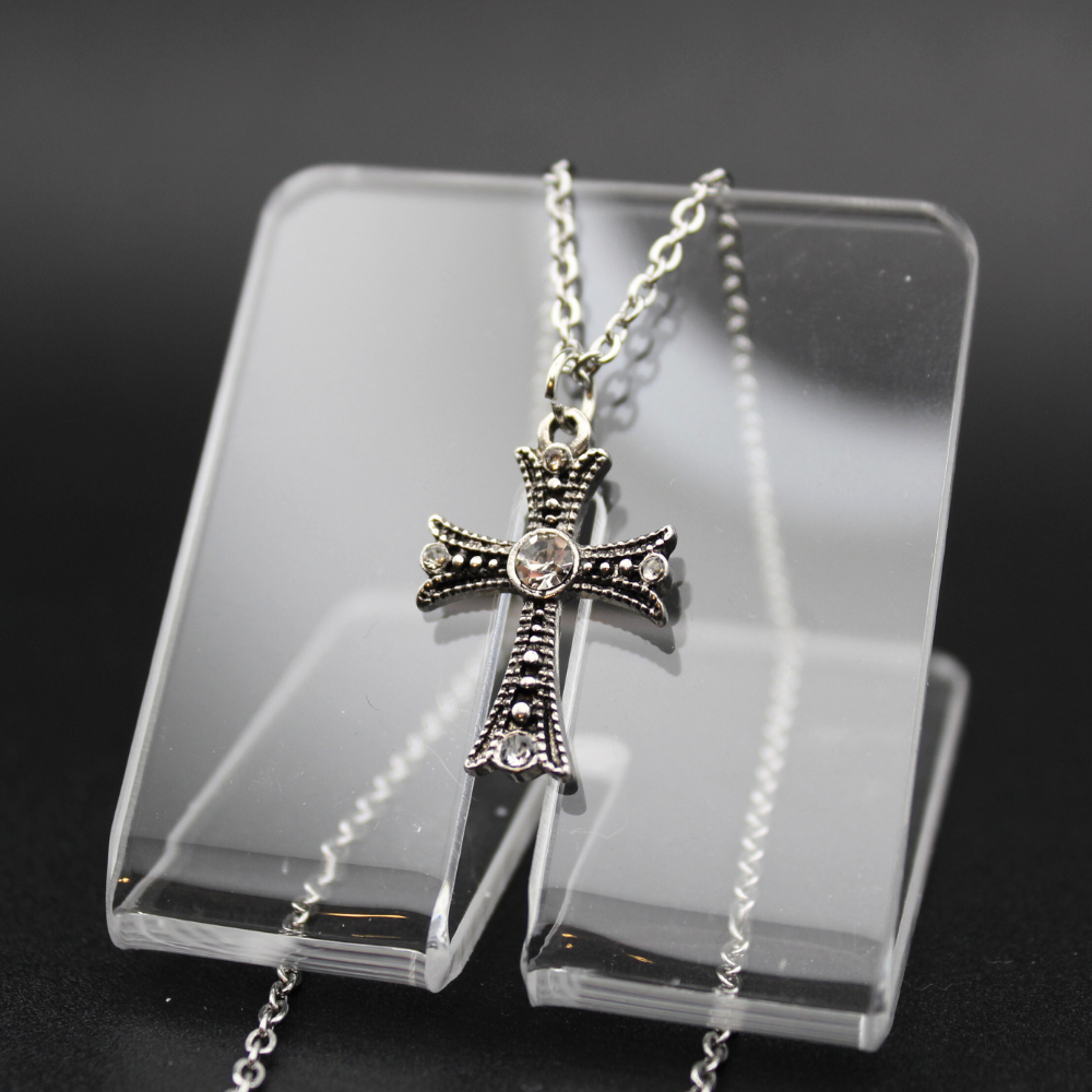 Rhinestone Cross Necklace (Silver)