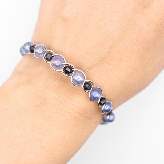 Blue Glass + Sapphire Bangle Bracelet (with Clasp) (Silver)