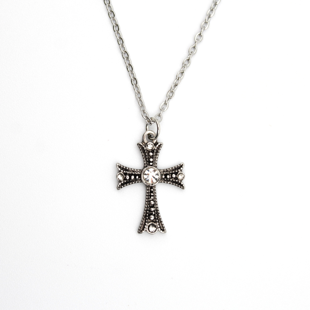 Rhinestone Cross Necklace (Silver)