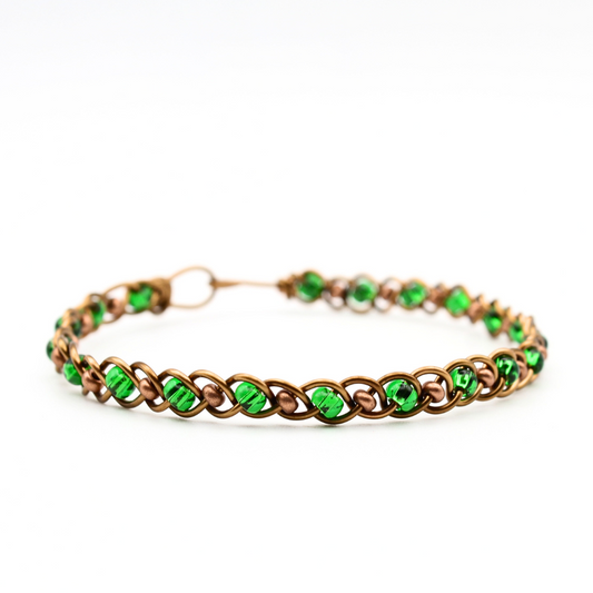 Green Glass Copper Bangle Bracelet (with Clasp)