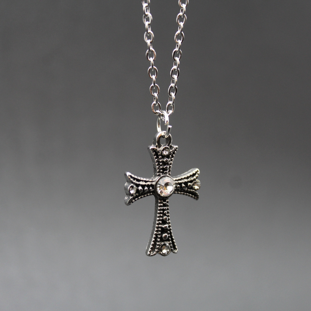 Rhinestone Cross Necklace (Silver)
