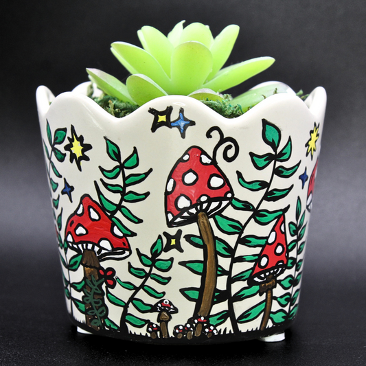 Mushroom Flower Pot (w/ Faux Succulent)
