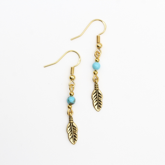 Feather Earrings with Turquoise (Gold)