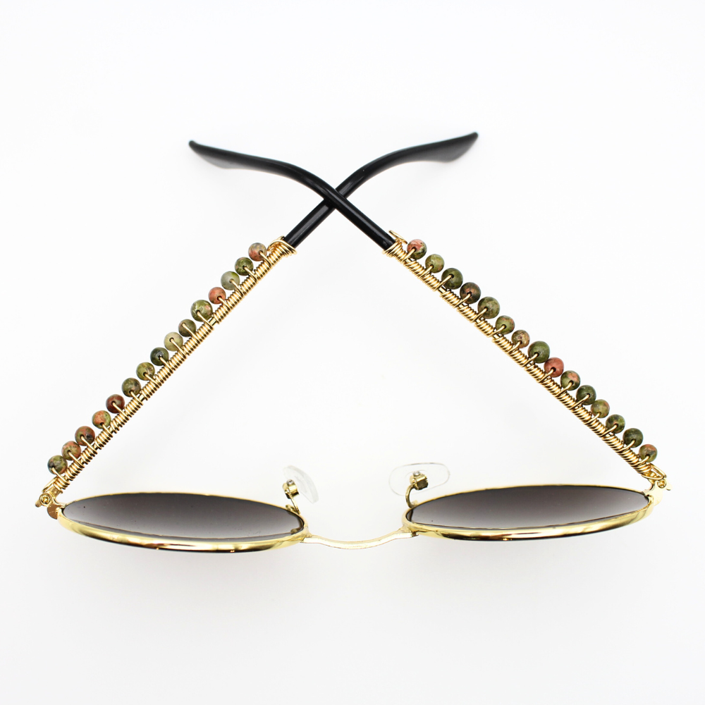 Brown Round Sunglasses with Unakite Gemstones